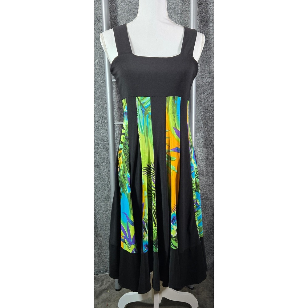 Candiss Cole Designs Black Tropical Floral Midi Dress Medium Made in USA